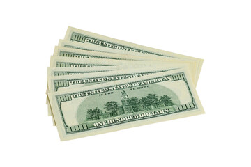 Close-up of large dollar bills isolated on white background. American means of payment.