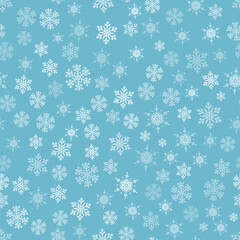 Snow seamless pattern. White snowflakes on blue background. Falling snow.