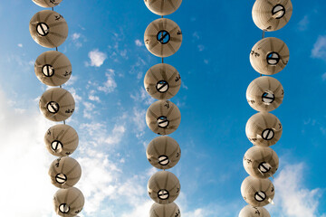 nadir plane of paper lanterns hanging at Buddhist traditional temple in south Korea