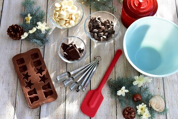 Festive holiday ingredients for making delicious candy and treats for Christmas season gifts and chocolates for family and friends