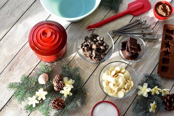 Festive holiday ingredients for making delicious candy and treats for Christmas season gifts and chocolates for family and friends