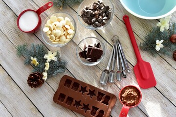 Festive holiday ingredients for making delicious candy and treats for Christmas season gifts and chocolates for family and friends