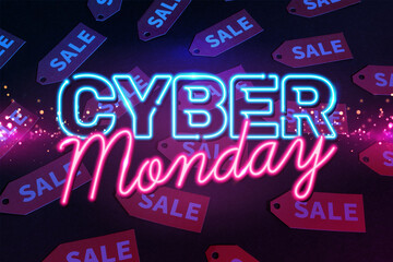 neon cyber monday lettering near red labels on black 