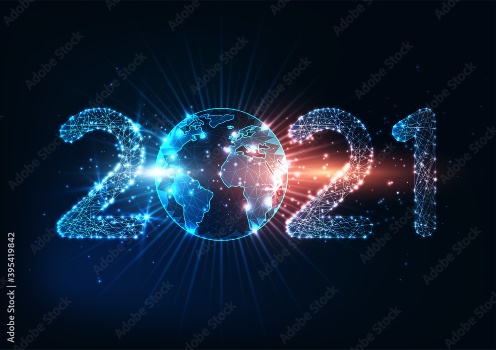 Wall mural futuristic new year digital web banner with glowing low polygonal 2021 number and planet earth globe