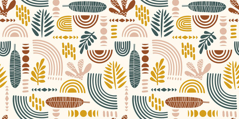 Seamless pattern with abstract leaves and geometric shapes. Modern vector design