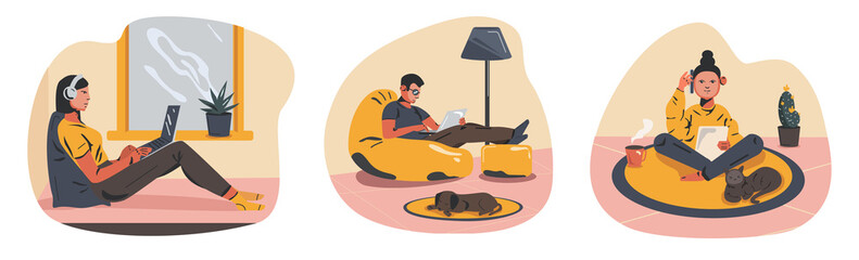 Set of freelancers with various cartoon character design working at home