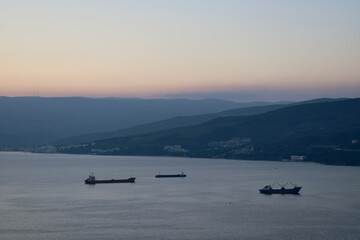 Ships in the Gulf of Gemlik at sunset, July 2018, Turkey