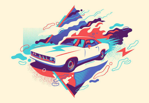 Colorful abstraction with retro car. Vector illustration.