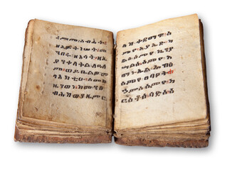 Old vintage Ethiopian handwritten coptic manuscript.  Image showing two pages opened up in a spread.