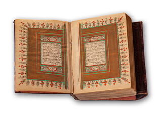 Old arabic holy Quran also romanized Qur'an or Koran, is the central religious text of Islam. Antique book  with hand coloring in gold. Image showing two pages opened up in a spread.