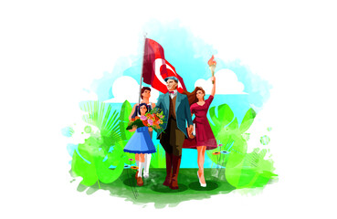 First president of Turkey Mustafa Kemal Atatürk while walking to the future with Turkish youth