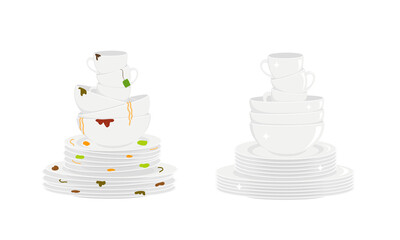 Stacks of dirty and clean dishes isolated on white background. Plates, bowls and cups before and after washing. Vector flat illustration.