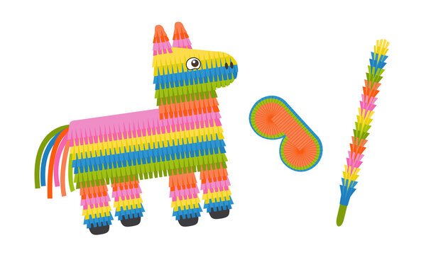 Pinata donkey with eye mask and stick isolated on white background. Colorful pinata toy with sweets and candies for birthday party. Vector illustration in flat style.