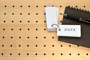 "A notebook and a vocabulary book are placed on the perforated board. The meaning of the abbreviation ""OODA"" is written in it. It is Observe, Orient, Decide, Act.
"