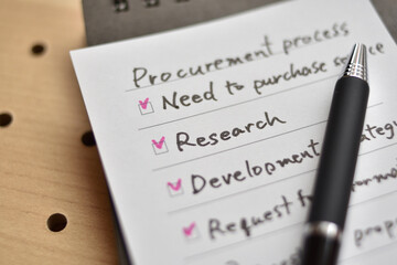 There's a piece of paper on the desk with a "procurement process" checklist. It is focus in Research.