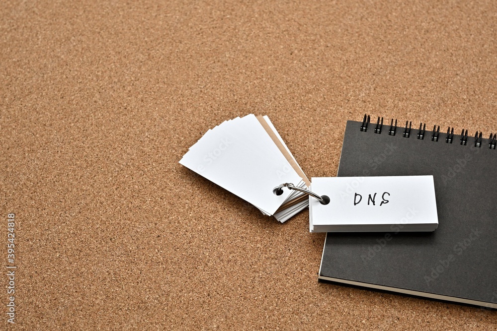 Poster on top of the notebook on the cork board is a wordbook with the word dns written on it. it means dom