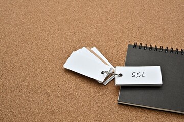 On top of the notebook on the cork board is a wordbook with the word SSL written on it. It means Secure Sockets Layer.