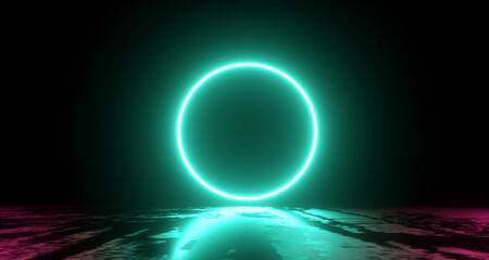 Obraz premium Abstract flight, neon light ring shape, mysterious space landscape. 3d Render