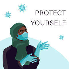 Black woman in mask, gloves on white backdrop. Protect yourself text for social banner or propaganda, hygiene promotion, medical poster. Chemist shop logo or card. Flat style stock vector illustration