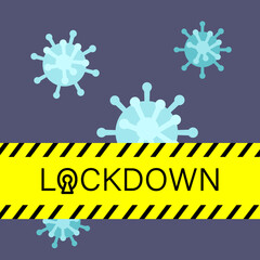 Lockdown yellow police line on grey backdrop. Coronavirus icon for social banner or propaganda, hygiene promotion, medical poster. Chemist shop logo or info card. Flat style stock vector illustration