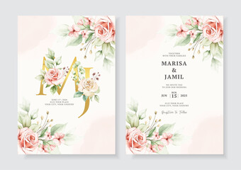 Beautiful floral wedding invitation template set with watercolor roses and leaves decoration