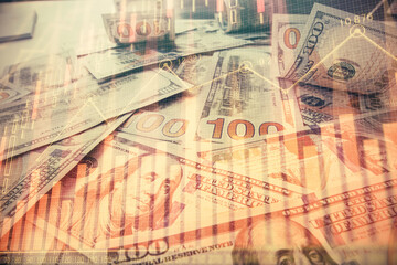 Multi exposure of forex chart drawing over us dollars bill background. Concept of financial success markets.