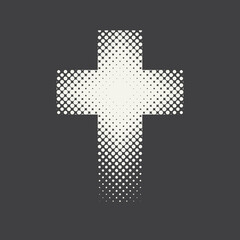Obraz premium Dotted religious cross isolated on a black background. Vector halftone pattern of religious cross icon made of circle points. Religious symbol, icon, t-shirt design, emblem, logo, design element.