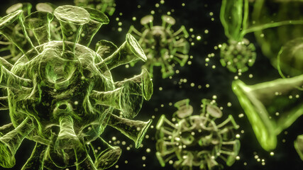 Coronavirus infection with copy space, microscope view. 3d Render
