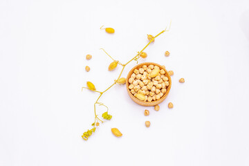 Dry chickpeas and its sprig with pods isolated on white