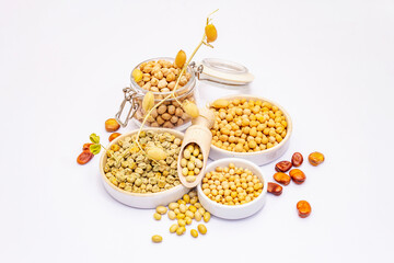 Assorted variety of legumes isolated on white