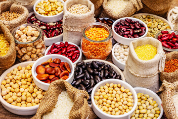 Assorted different types of beans and cereals grains