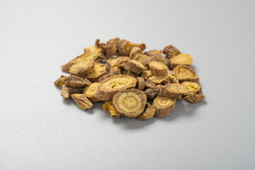 side view herb medicine HuangQin or Baikal Skullcap Root or Scutellariae Radix