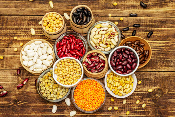 Set of various dry legumes in bowls as indispensable protein for a healthy life