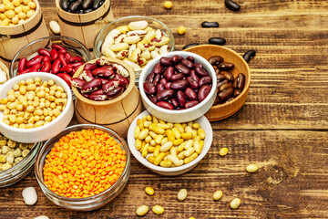 Set of various dry legumes in bowls as indispensable protein for a healthy life