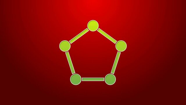Green line Geometric figure Pentagonal prism icon isolated on red background. Abstract shape. Geometric ornament. 4K Video motion graphic animation