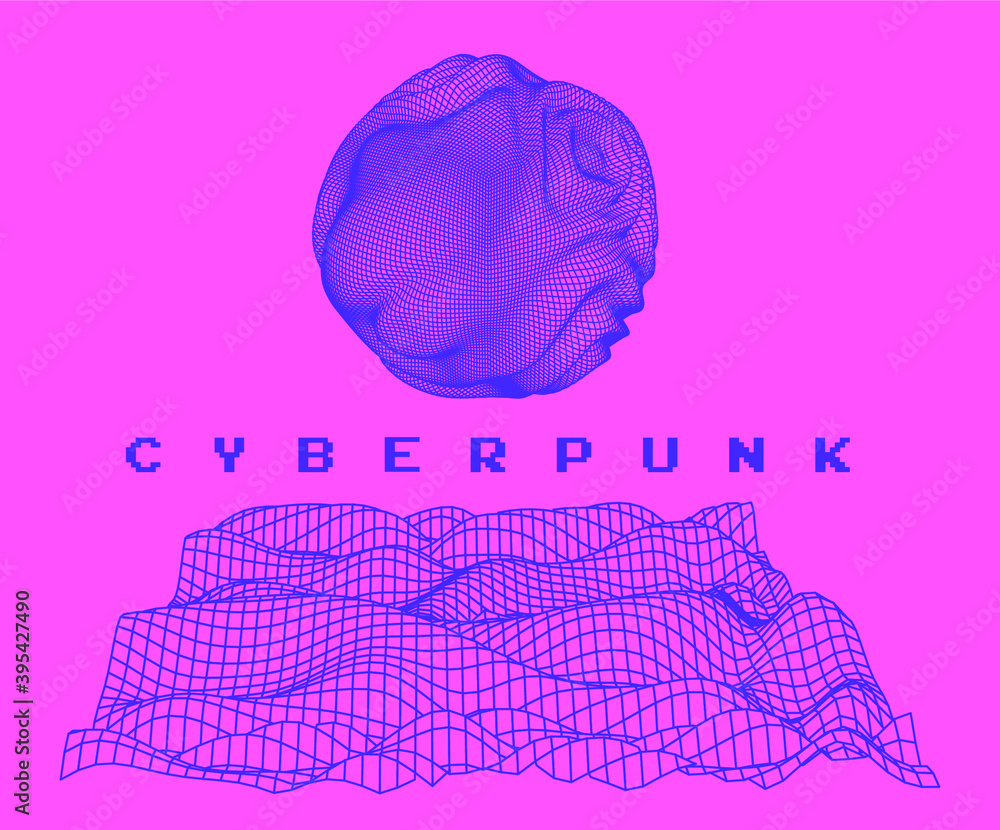 Poster Composition with glitched morphing blob and geometric shapes. Science and technology concept.