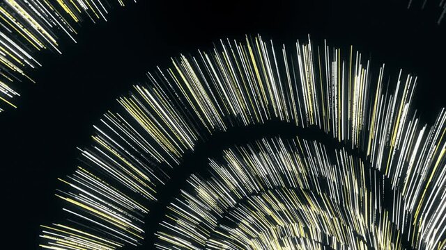 Abstract cosmic view of a spinning black outer space object that fires gamma rays. Animation. Rotating space body of many narrow beam lights in a form of an an arch.