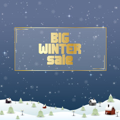 Winter sale background with village landscape