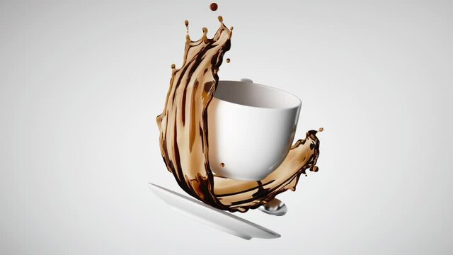 Levitating white ceramic cup, saucer and silver spoon with splashing coffee or tea drink. Brown liquid splash rotating. Seamless animation.
