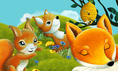 cartoon scene with forest animal on the meadow having fun - illustration