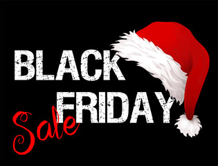 „Black Friday Sale“ schwarzes Schild mit Weihnachtsmütze,
Weihnachtsangebote Reklame,
Vektor Illustration isoliert auf weißem Hintergrund
