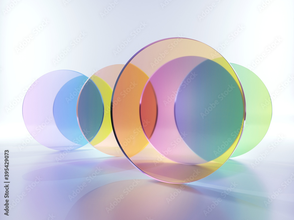 Poster 3d rendering, abstract modern minimal background with colorful translucent round glass shapes, simpl