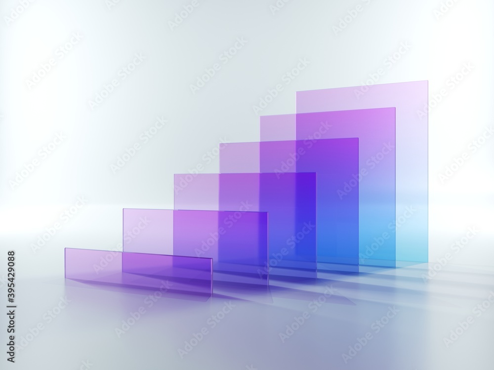 Poster 3d render, abstract background with row of violet blue square translucent glass shapes isolated on w