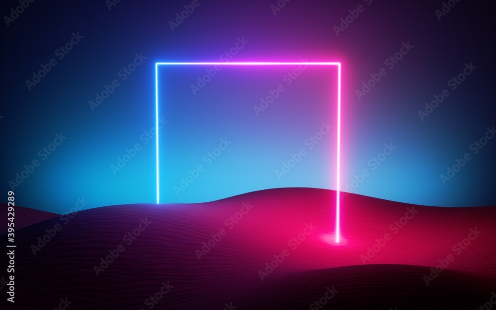 Poster 3d render, abstract modern minimal neon background. glowing square frame in the middle of the empty 