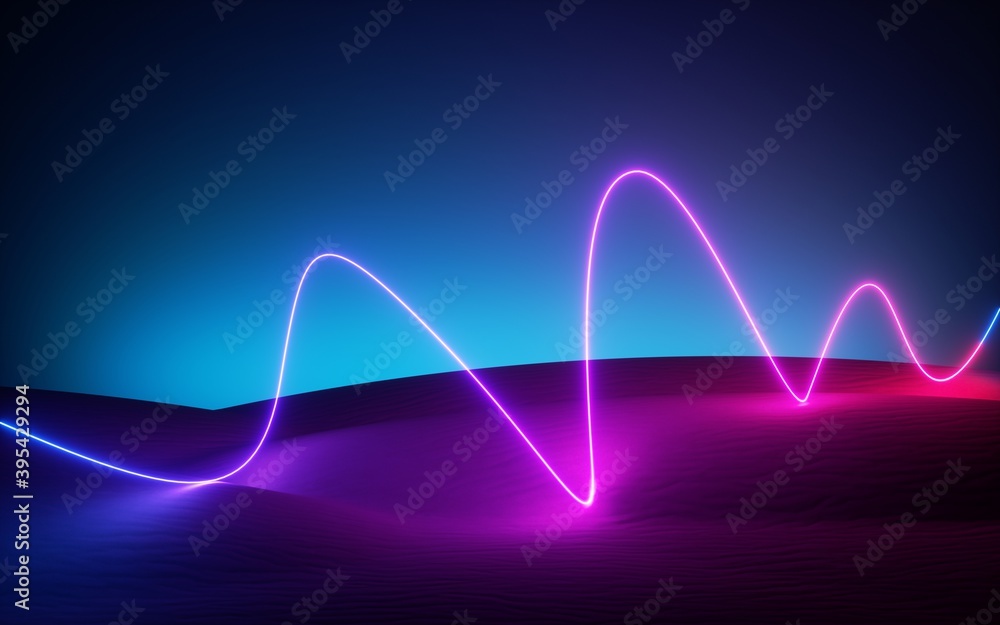 Aufkleber 3d render, abstract modern minimal neon background. glowing wavy line going along the empty desert. 