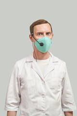 Male doctor with headphones. Studio Medicine portrait. Clinic online help. Health support call. Telemarketing agent microphone. Multi language translator. Telemedicine equipment. Angry emotion 