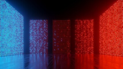 3d render, abstract background with neon panels glowing in the dark, red blue gradient