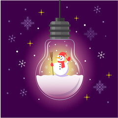 Christmas glowing lamp with a snowman inside and falling snowflakes.
