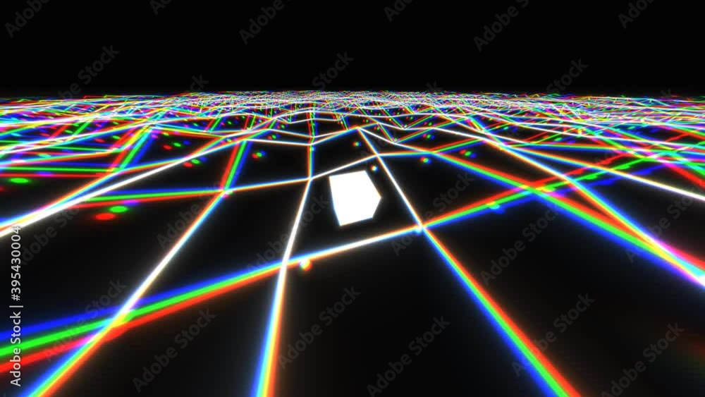 Poster bending laser grid abstract 80s retro computer fantasy floor with cube
