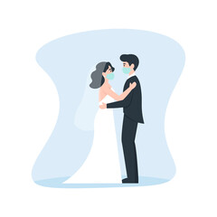 Bride and groom hugs in medical masks. Coronavirus wedding. Medical protective face mask at marriage. Flat vector cartoon illustration.